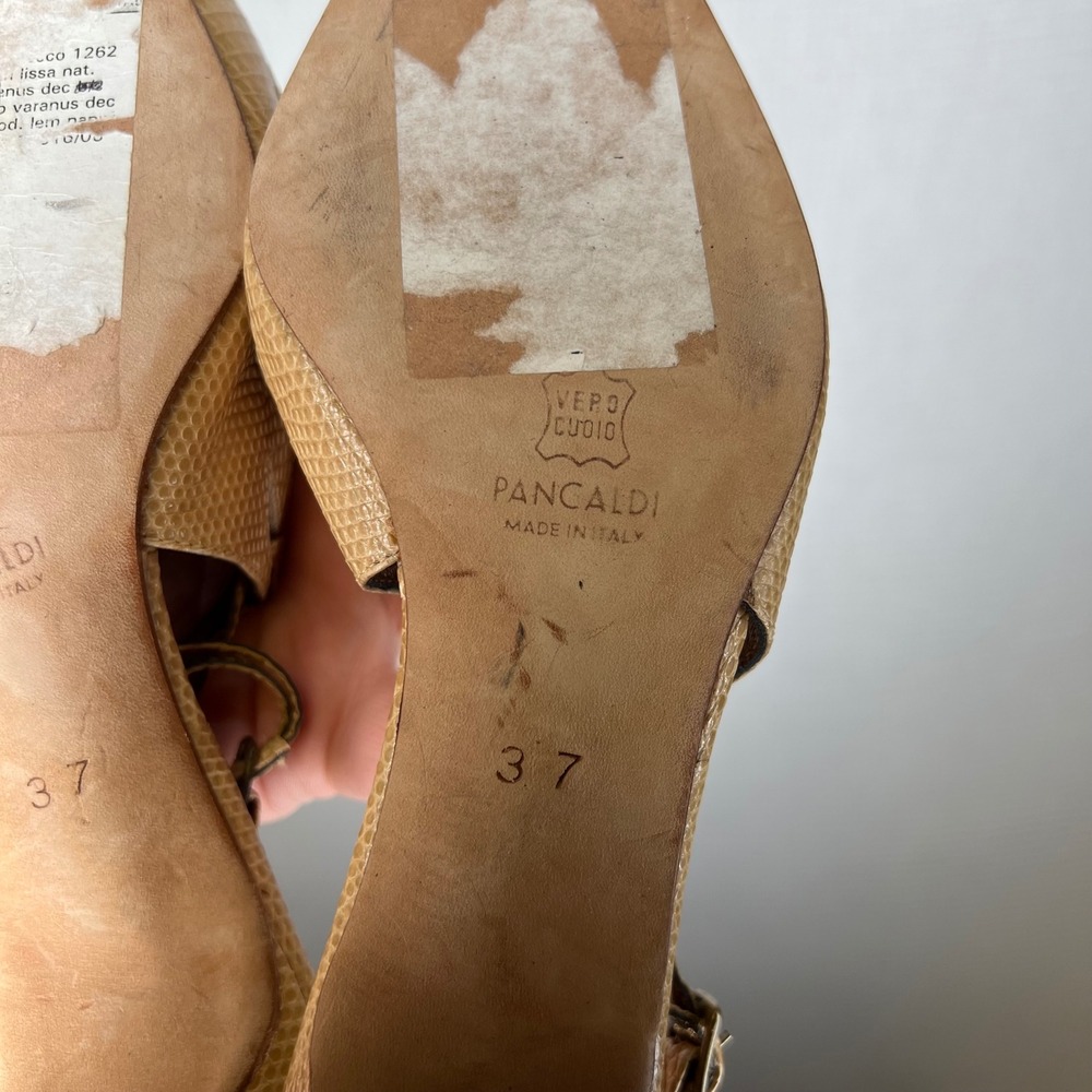 Pancaldi Tan Lizard Embossed Leather Slingback Kitten Heels Made in Italy 37 - Picture 6 of 7
